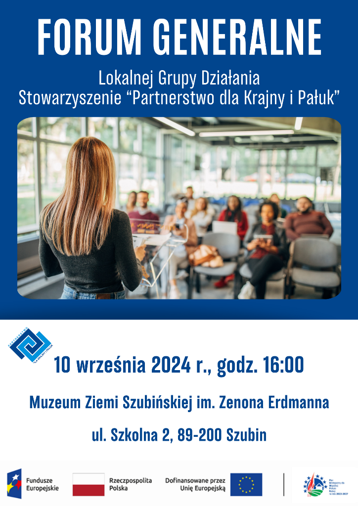 Plakat z napisem u góry: Forum generalne LGD. Poniżej zdjęcie, na którym kobieta prowadzi spotkanie. Kobieta stoi tyłem do fotografa. W tle widać ludzi siedzących na krześle.