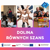 Plakat z logotypami unijnymi. Informuje o dofinansowaniu projektu z programu Fundusze europejskie dla Kujaw i Pomorza 2021-2027. W tle uśmiechnięci ludzie.