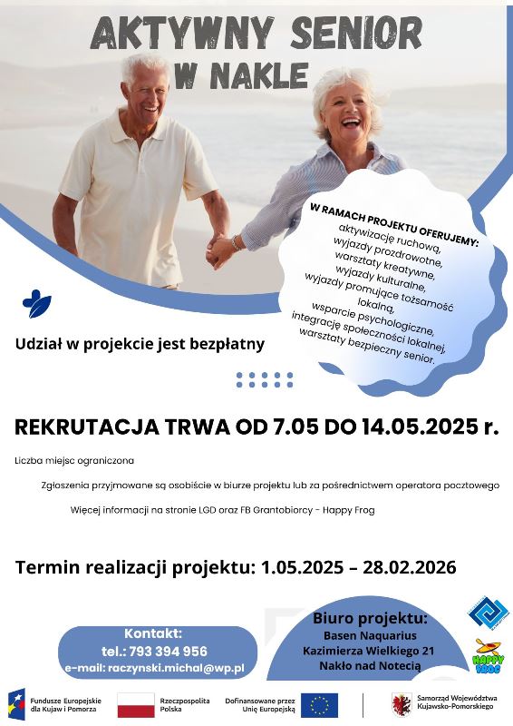 plakat zapraszający do udziału w projekcie, biegnący seniorzy po plaży