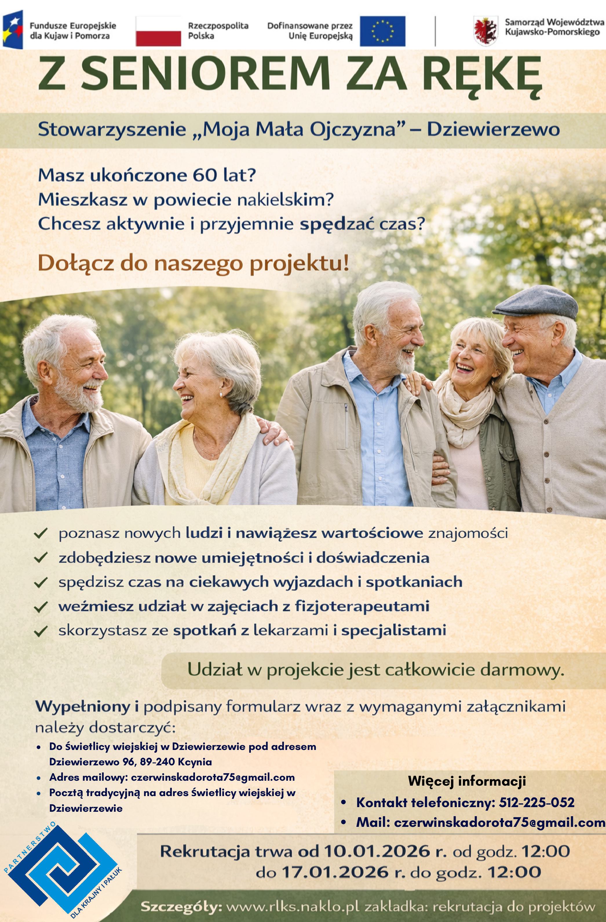 Plakat informacyjno-promocyjny projektu ze zdjęciem uśmiechniętych, aktywnych seniorów.