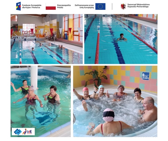 seniorzy na basenie.kolaż kilku zdjęć