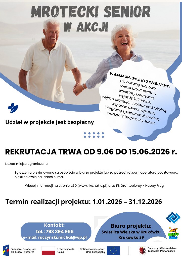 Seniorzy biegną po plaży, trzymają się za ręce i uśmiechają się. Poniżej zdjęcia seniorów garść informacji o projekcie - zgodnych z danymi w artykule.