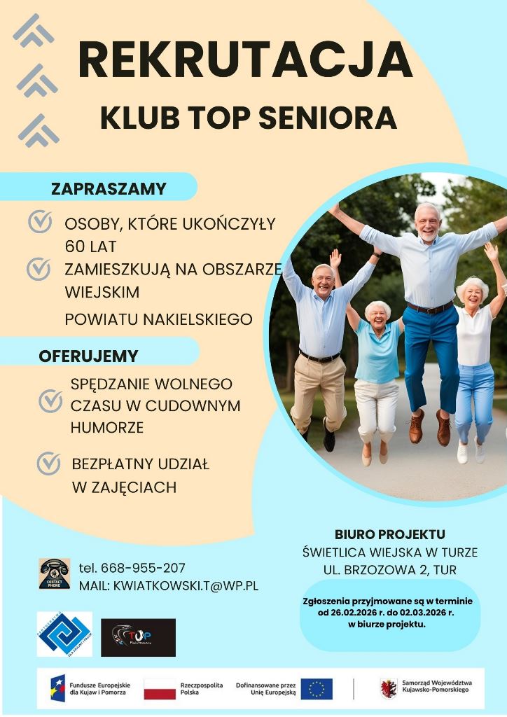 Plakat promujący projekt Klub TOP Seniora. Zawiera kontakt do grantobiorcy - wskazany także w artykule powyżej - oraz zdjecie grupy radosnych, ujetych w podskoku seniorów.